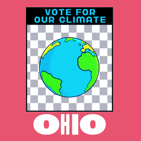 Digital art gif. Earth spins in front of a grey and white checkered background framed in a pink box. Text, “Vote for the climate. Ohio.”