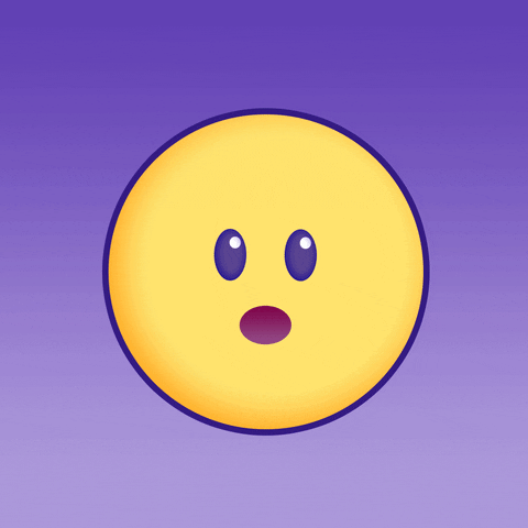 Digital art gif. Animated round yellow happy face opens its mouth wide, breathing in, then breathes out again. Text, "Breathe in. Breath out.," all against an ombre purple background.