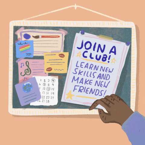 Digital art gif. Animation of a hand pulling a flyer off of a full bulletin board. The flyer says, "Join a club! Learn new skills and make new friends," everything against a peach pink background.