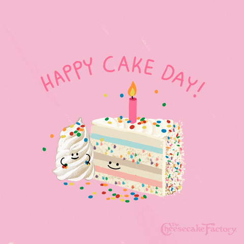 Ad gif. Confetti-colored slice of cake and dollop of whipped cream bobble and smile while sprinkles fly around. Text, "Happy cake day!"