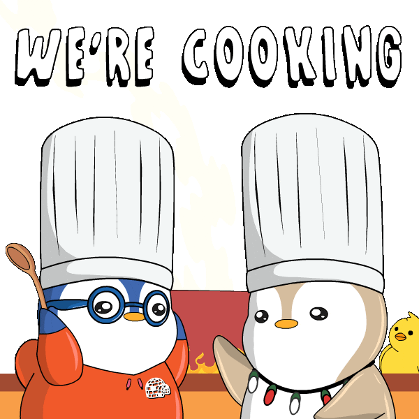 Hold Up Cooking Sticker by Pudgy Penguins