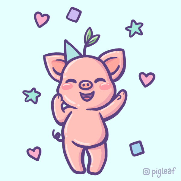 Illustrated gif. Pink pig with a spouting leaf on its head, dances and claps. Its party hat bounces up and down as it jumps around excitedly. Confetti shaped like hearts, squares, and stars fall down onto the pig.