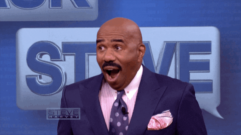 Celebrity gif. Looking surprised and excited, Steve Harvey drops his mouth open, eyes wide.