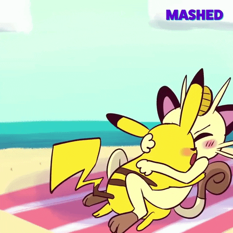 Anime gif. Pikachu and Meowth making out hardcore on a beach towel.