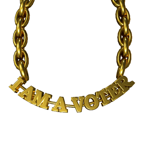 Digital art gif. Shining gold chain swings back and forth against a transparent background. The gold chain reads, “I am a voter.”