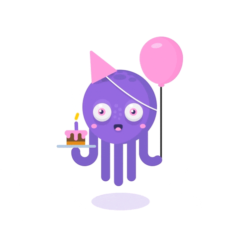 Pohyblivý obrázek se vznášející se fialovou chobotnicí s dortem, narozeninovou čepičkou a balónkem.