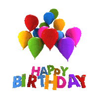 Sticker gif. Text, 'Happy Birthday,' is written in colorful capital letters and a group of rainbow colored balloons holds it afloat in the air.