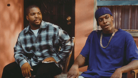 Movie gif. A scene from Friday. In front of an orange house, Ice Cube as Craig Jones and Chris Tucker as Smokey lean out of their seats in surprise, then look at each other.