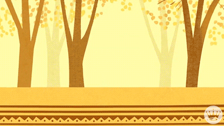 Cartoon gif. A cartoon turkey runs across the frame in front of an illustrated forest from left to right leaving footprints behind. It runs back through the trees in the background from right to left. The trees sway from side to side as if in the wind. 