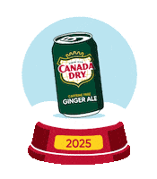 Sponsored gif. An illustrated image of a snowglobe containing a can of Canada Dry ginger ale. The globe shakes slightly, and snow falls. The year "2025" is written on the base of the globe. 