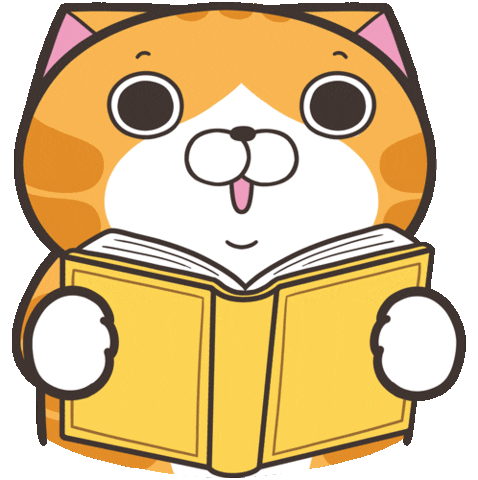 Cartoon gif. A wide-eyed orange cat blinks while reading a book, then looks up and blinks at us.