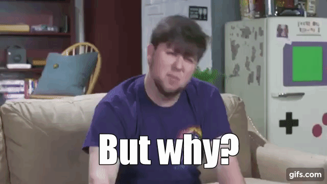 Video gif. Man sitting on a couch leans forward with a baffled expression and asks, "But why? Why would you do that? Why would you do any of that?"