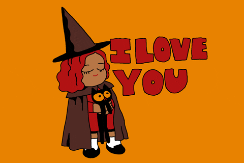 Digital art gif. Cartoon witch with red hair holds a black cat and squeezes it in a hug, flattening its face. Text reads, “I love you.”