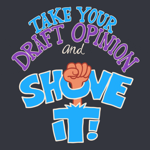 Digital art gif. All-caps, cartoon letters spell out "Take your draft opinion and shove it," a cartoon fist punching its way through the "O" in the word "shove."