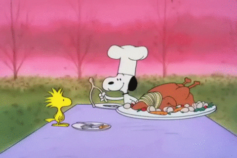Peanuts gif. Wearing a chef’s hat, Snoopy offers Woodstock one end of the wishbone at the Thanksgiving table. Woodstock smiles and grasps the bone as they struggle to beak it. The bone snaps as Snoopy and Woodstock fly backward, Woodstock with the larger piece.
