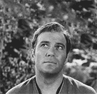 Star Trek gif. William Shatner as Captain James T. Kirk and Leonard Nimoy as Spock ponder as they gaze pensively around them.
