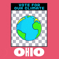 Digital art gif. Earth spins in front of a grey and white checkered background framed in a pink box. Text, “Vote for the climate. Ohio.”