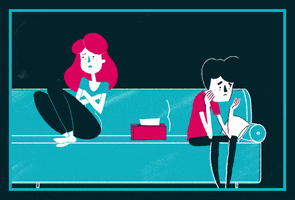 Digital art gif. A man and a woman sit on opposite ends of the couch and hunch over unhappily as if they are in a fight. 