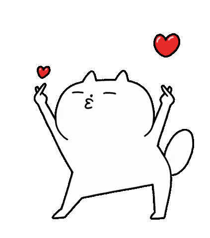 Sticker gif. Sassy white kawaii cat swings its hips, dancing over a transparent background. The cat snaps her fingers over her head as red hearts float away from each snap.