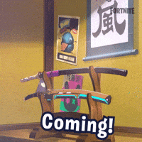 Sponsored gif. Anthropomorphic cat in a hoodie rushes toward a wooden rack and grabs two swords from it. Text reads, "Coming!" 