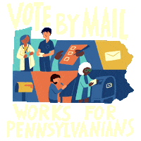 Digital art gif. Shape of Pennsylvania, against a transparent background, holds a colorful collage featuring two medical workers, a person filing out a ballot, a dancing envelope, a mailbox, and a person dropping a ballot into a post office box. Text, “Vote by mail works for Pennsylvanians.”