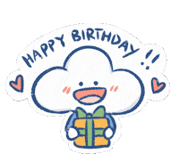 Sticker gif. Hand-drawn rosy cheeked cloud-headed character smiling wide, holding a yellow gift with a green bow, a message with hearts above him, the whole sticker shaking side to side. Text, 'Happy birthday!'