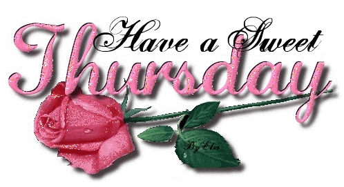Sticker gif. Glimmering pink long-stem rose lies sideways over a transparent background. Fancy cursive text reads, “Have a sweet Thursday.”