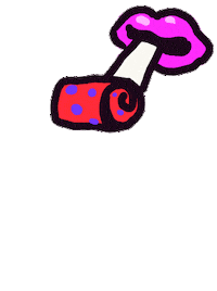 Sticker gif. Pink lips blow a neon red party horn with purple polka dots.
