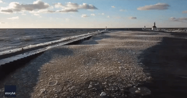 Lake Michigan Ice Pancakes Lap Against Pier