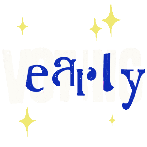 Illustrated gif. White and blue graphic letters entwined together, sparkles all around. Text, "Early voting."