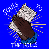 Illustrated gif. Deep brown hands together in a prayer formation, a ballot between them, rays shining from within. Text, "Souls to the polls."