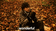 Movie gif. Jessie Eisenberg sits on an autumn leave covered ground and applauds eagerly, saying "Wonderful."