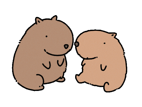 Sticker gif. Kawaii capybara pulls a heart out of his pocket and smiles, presenting it to a smaller capybara whose eyes bulge wide as it wiggles its hands and feet in excitement.
