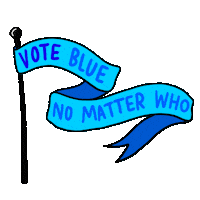 Illustrated gif. Cyan and cobalt banner, tails waving. Text, "Vote blue, no matter who."