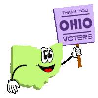Digital art gif. Spring green graphic of the anthropomorphic state of Ohio on a cyan background holding a purple picket sign that reads "Thank you Ohio voters!"