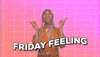 Video gif. Woman shimmies joyfully, smiling and looking up as confetti falls. Wavy text reads "Friday feeling."