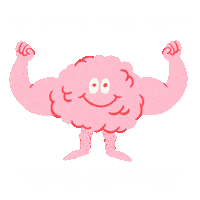 Illustrated gif. Personified bubble gum pink brain smiles and blinks as it flexes its biceps on a transparent background. Text, "Let's make a full parity between physical and mental health care."