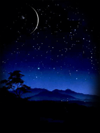 Photo gif. Stars twinkle in a night sky above a dark landscape while shadows circle the moon, cycling through all its phases.