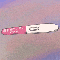 Digital illustration gif. Pink pregnancy test sways back and forth, showing two vertical yellow lines with text that reads, "Healthy births for all."