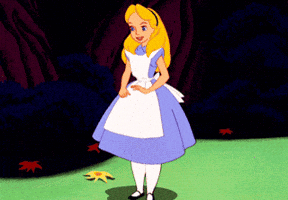 Disney gif. Alice of Alice in Wonderland curtsies broadly.