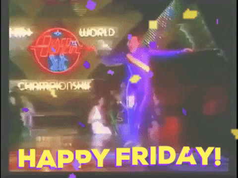 TV gif. A man in an 80s blue suit performs a loosey-goosey dance on a stage as cartoon confetti falls across the frame. Text, "Happy Friday."