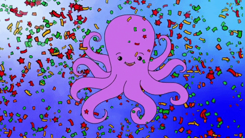 Cartoon gif. A smiling pink octopus bounces and sways, colorful confetti falling all around.