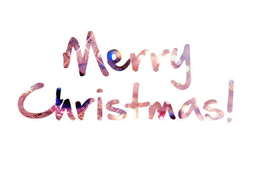 Text gif. Snowflakes and red, green and gold flash make up the coloring of the words, "Merry Christmas"
