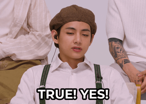 Tonight Show gif. Jimin wears a beret and suspenders as he gives a nod and says, "True. Yes."