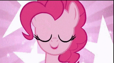 Cartoon gif. Pinky Pie on My Little Pony opens her mouth in a wide smile as her eyes grow large and twinkle with stars.