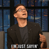 Late Night gif. Christian Siriano turns his head to the side and gestures animatedly as he says, "I'm just sayin'."