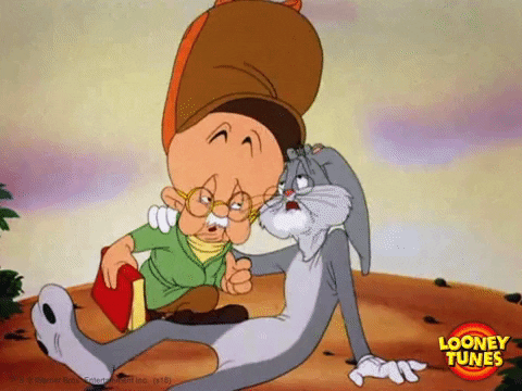 Cartoon gif. Elderly version of Elmer fudd from the Looney Toons kneels next to an elderly Bugs Bunny who lays on the ground. Bugs Bunny wails in agony, shaking his head, and Elmer Fudd listens intently to the rabbit. 