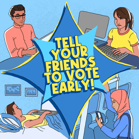 Illustrated gif. Four vignettes of young people typing on computers and smartphones, a blue oversized graphic diamond flexing front and center, with yellow 3D letters that read, "Tell your friends to vote early!"