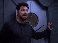 TV gif. Jonathan Frakes as William in Star Trek stands with his back to the wall and screams out for help. He seems to realize no help is coming and sinks to a crouch in defeat before weakly repeating his plea. Text, "Help me!"