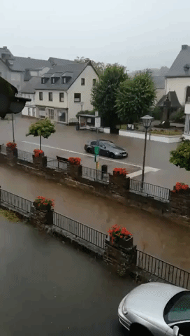 Fire Truck Drives Through Flooding in West German Town